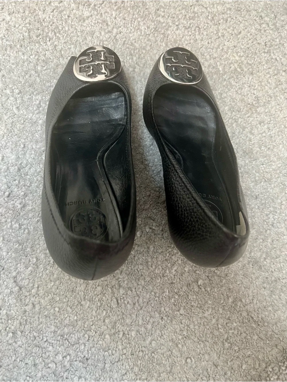 Tory Burch Sally Wedge Pumps in Black Tumbled / Pebbled Leather- 8M